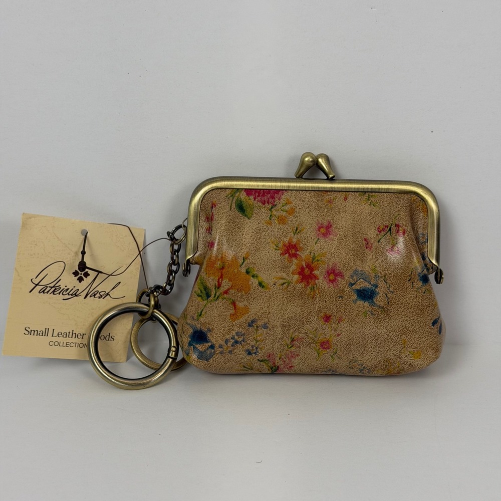 Patricia Nash Floral‎ Leather Kiss Lock Coin Purse Keychain Tan Multi NWT